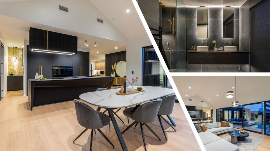 A collage of pictures of rooms in Brendon and Leonie Hamill’s Pukekohe home.