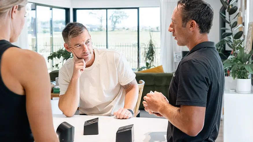 Ben and Quinn listening to electrician Andrew’s design suggestions.