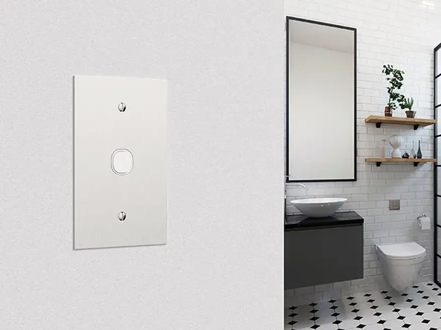 Metal plate flush switch in a modern bathroom.