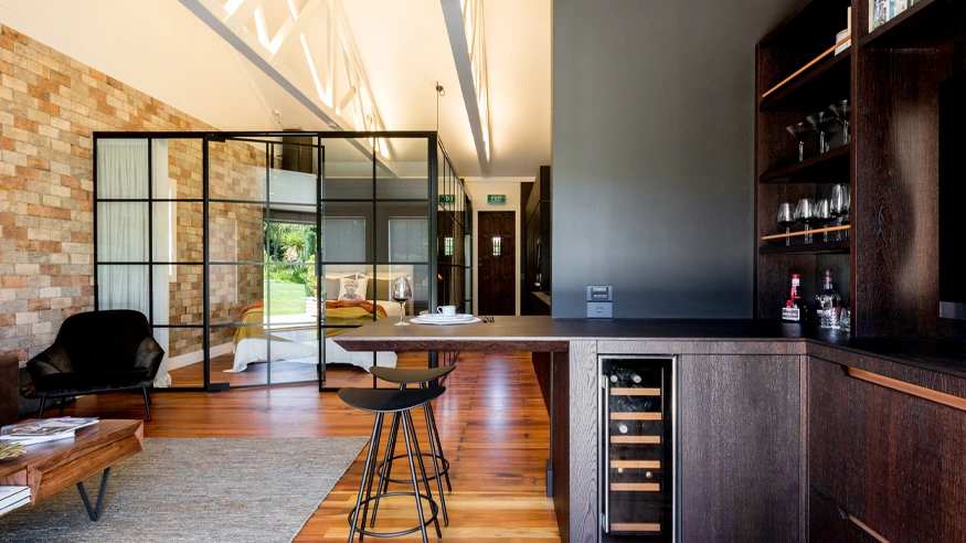 The kitchen of the newly redesigned studio apartment.