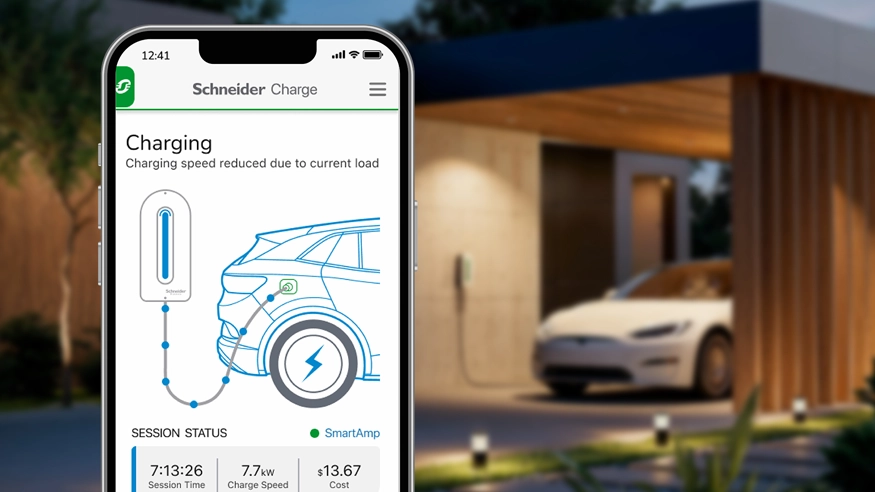 A graphic displaying the Schneider Charge app being used on a smartphone to track an electric vehicle charging session.