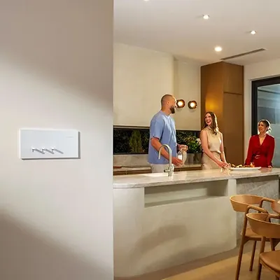 A kitchen with Clipsal Solis Collection installed, featured in PDL’s Regent Homes Solis case study.