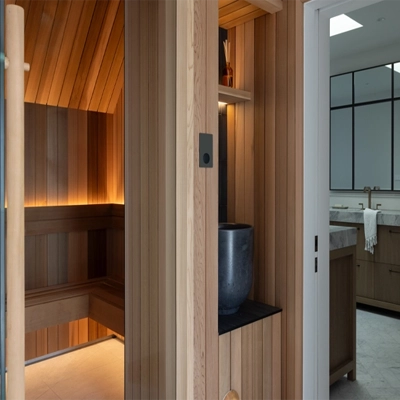 A sauna designed in the organic modernist style with PDL products featured.