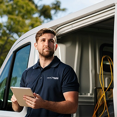 PDL electrician standing beside a van holding a tablet outdoors.