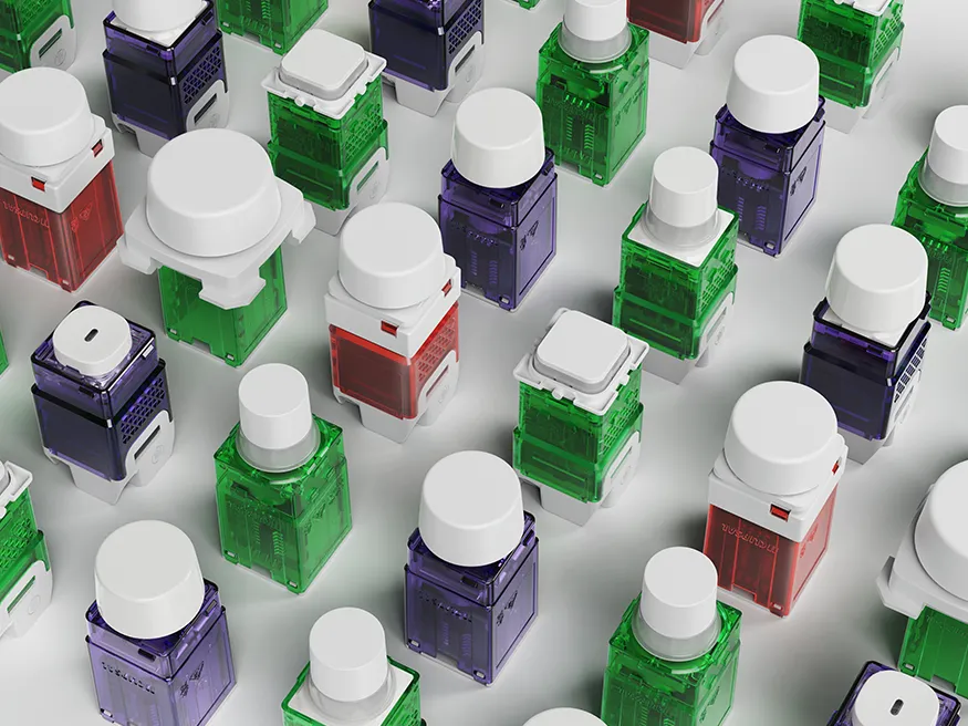 A spread of green and purple PDL LED dimmer mechanisms.