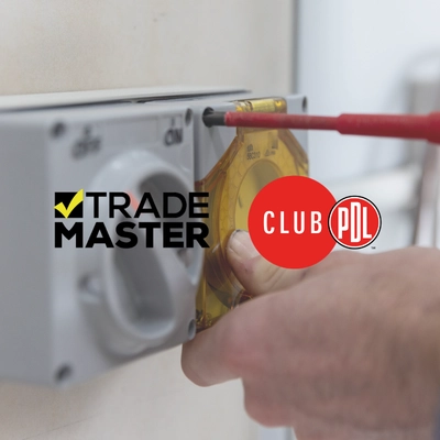 The Trade Master and Club PDL logos overlaid on a photo of a 56 Series plug mid-installation.