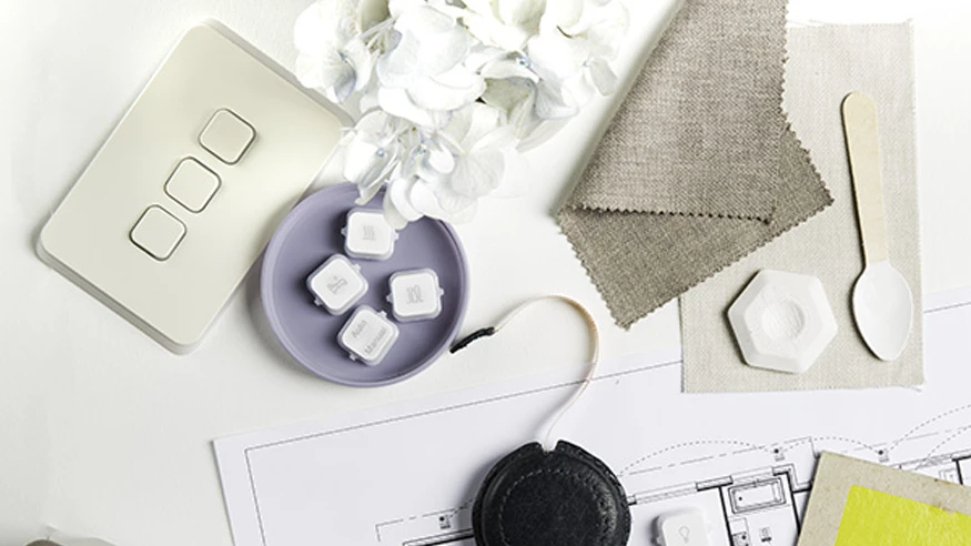 Mood board featuring PDL Iconic switch and pictograms for home automation