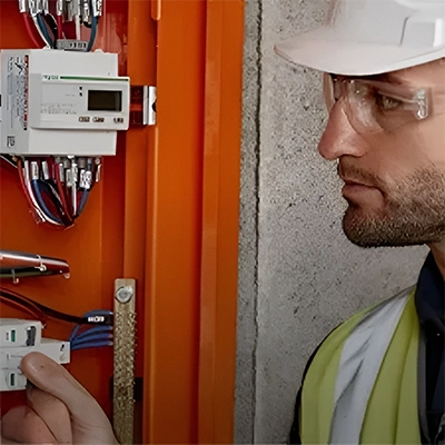 An electrician inspecting Acti9 Residual Current Devices installed in a switchboard.