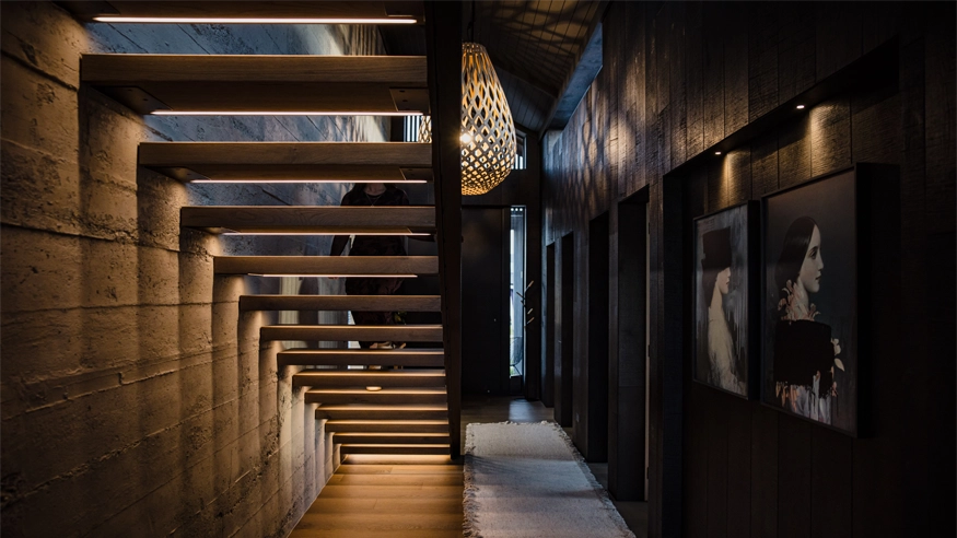 A stairwell in a home fitted with PDL Wiser Smart Home systems..