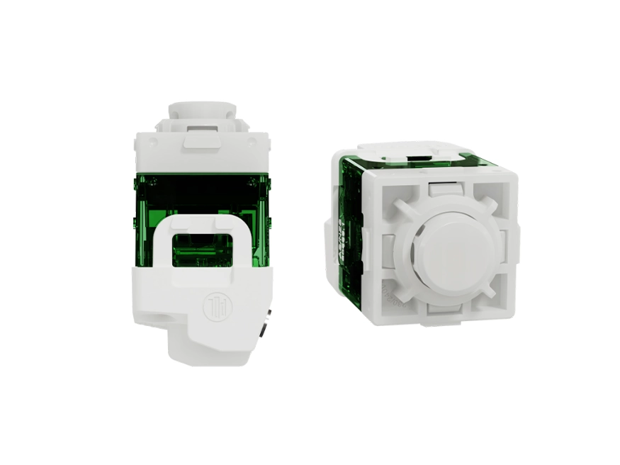 A close up of a new 300 Series push button mech from vertical and horizontal angles.