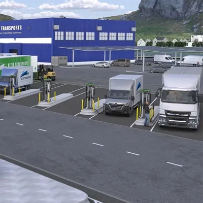 A fleet of trucks in a parking space, charging with Schneider Electric EVlink Pro DC 720
