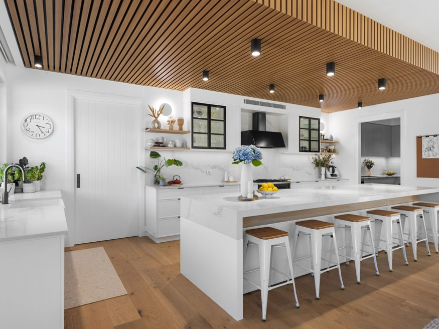 A stylish retro-modern kitchen with lights controlled by PDL Wiser Smart Home.