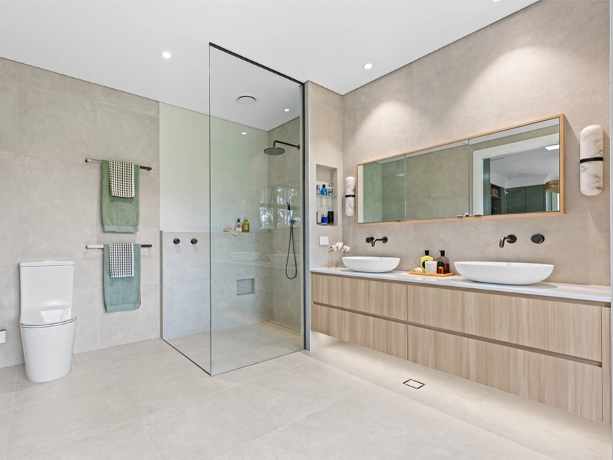 A stylish bathroom with PDL Wiser Smart Home systems installed.