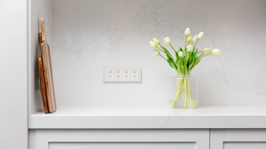 A Clipsal Iconic Styl quad power point installed in a kitchen.