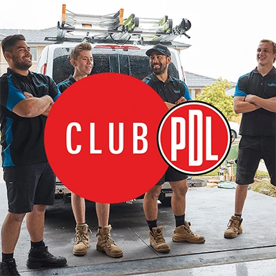 Four workers standing beside a service van with a large red Club PDL logo overlay.