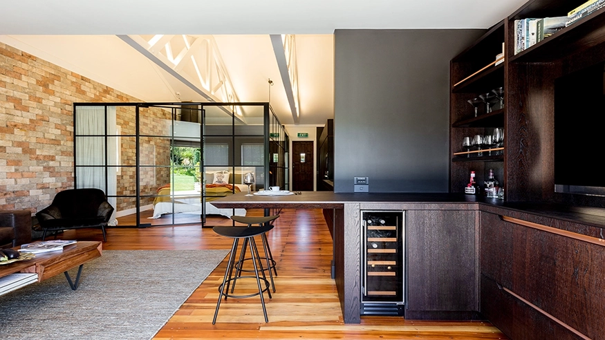 The kitchen of the newly redesigned studio apartment.