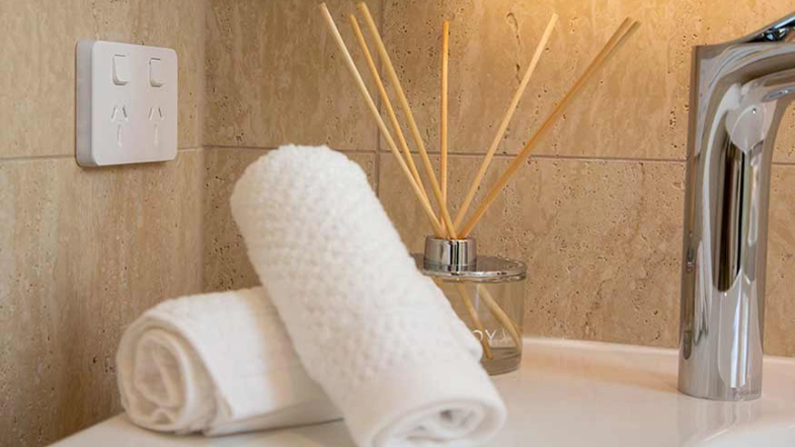 PDL Iconic double power point with horizontal mount installed on a bathroom wall