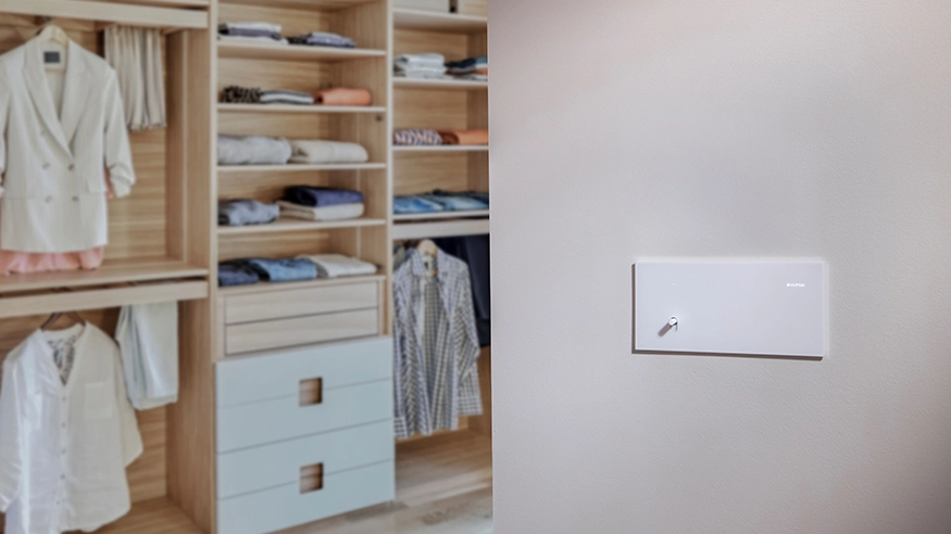 A Solis T Series switch in White Ceramic installed in Brad and Tess’ home.