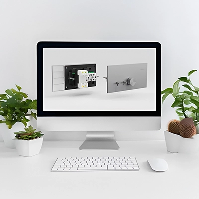 Computer screen showing electrical outlet and switch design, on a white desk with green plants.