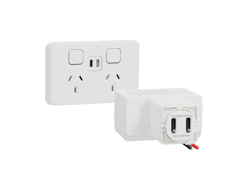 The new PDL dual USB charger mechanism PDL642MUSB2C45 as a standalone mech and installed in an Iconic socket.