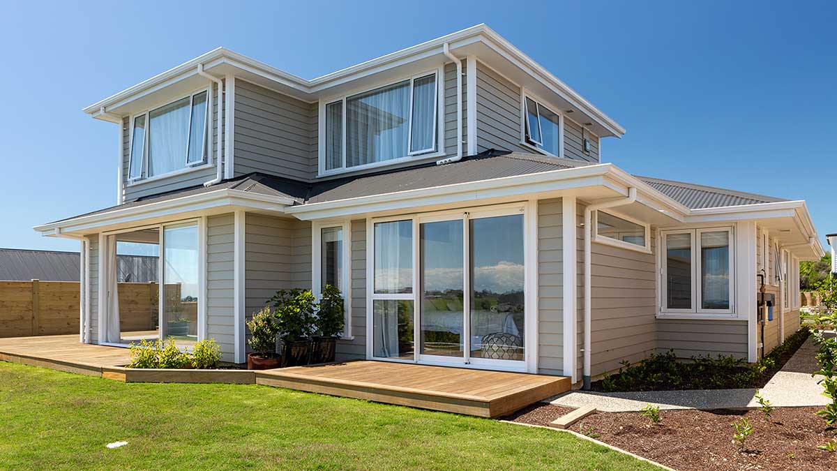 An exterior shot of Clayton and Toni’s Beachlands home in Auckland.