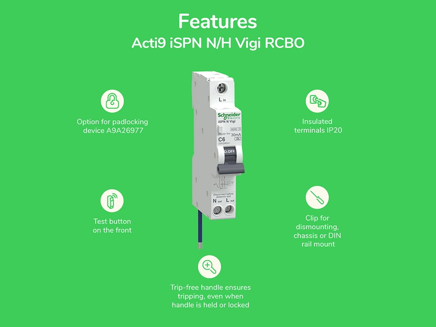 The benefits of the new Acti9 iSPN Vigi RCBO, including padlocking options, insulation, clip, trip-free handle, and test button.