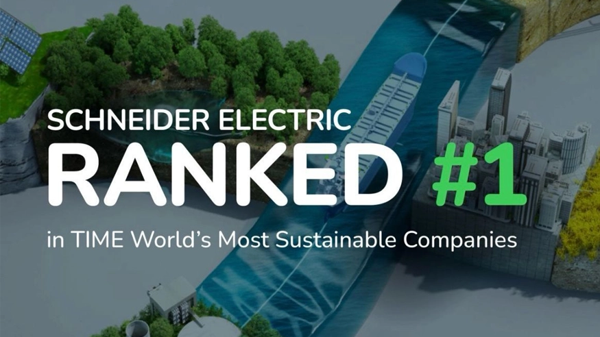 A poster showcasing TIME Magazine's award for Schneider Electric as the Most Sustainable Company in 2024.